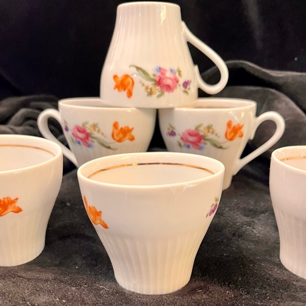 VTG JLMENAU East Germany Graf Von Henneberg Floral Ribbed Demitasse Cups Set 6 - Picture 11 of 17